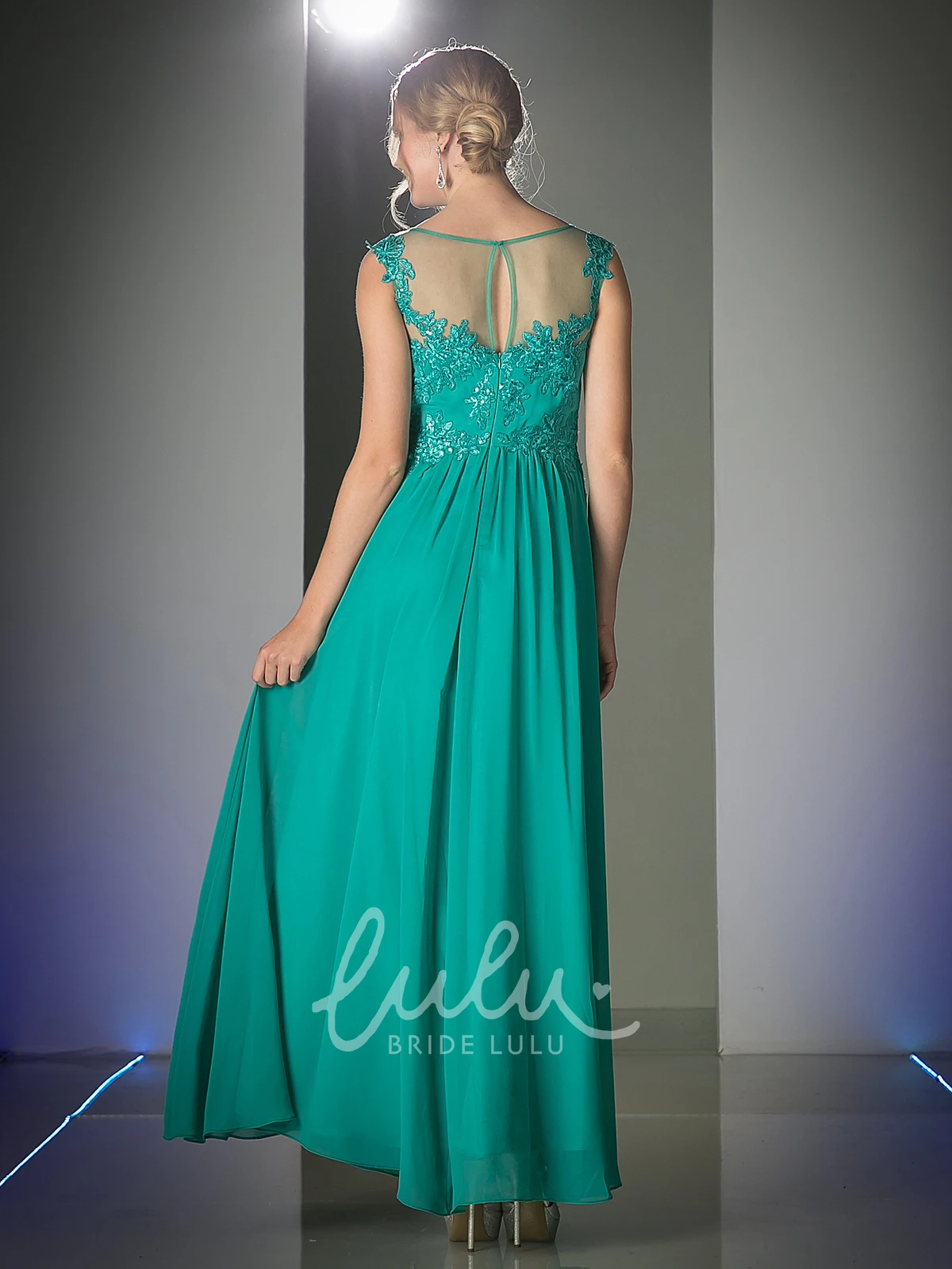 Scoop-Neck Sleeveless Sheath Dress with Appliques and Illusion in Chiffon Fabric