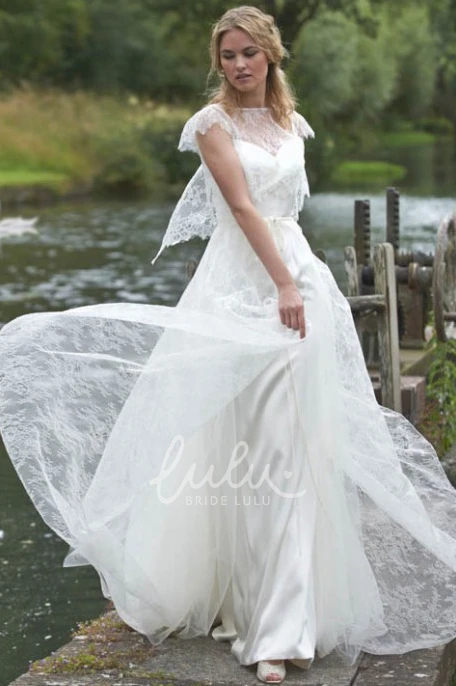 Cape Sleeve Sheath Lace & Chiffon Wedding Dress with Jewel Neck
