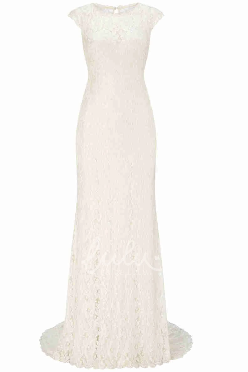 Lace Jewel-Neck Sheath Wedding Dress with Brush Train Elegant Bridal Gown