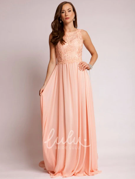 Bateau Maxi Chiffon Prom Dress with Appliques Sleeveless A-Line Keyhole Back and Pleats