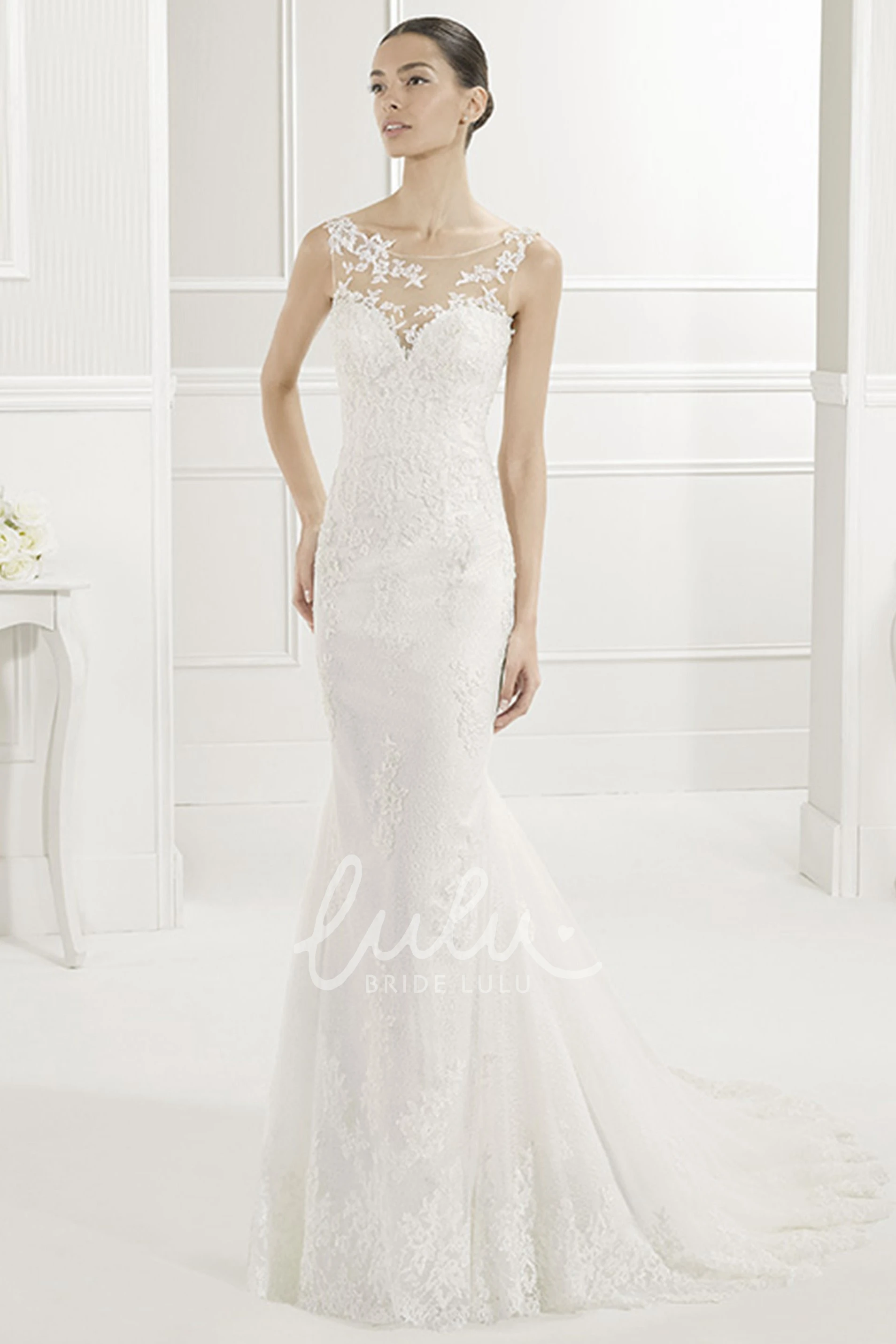 Sheath Lace Wedding Dress with Scoop Neck and Appliqued Illusion Back