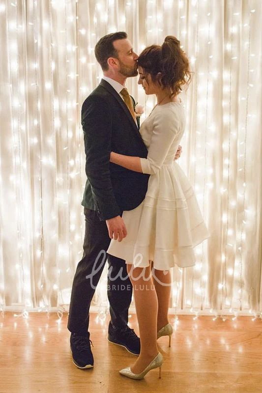 Knee Length Satin Wedding Dress with Bateau Neckline and Ruching Elegant Bridal Gown