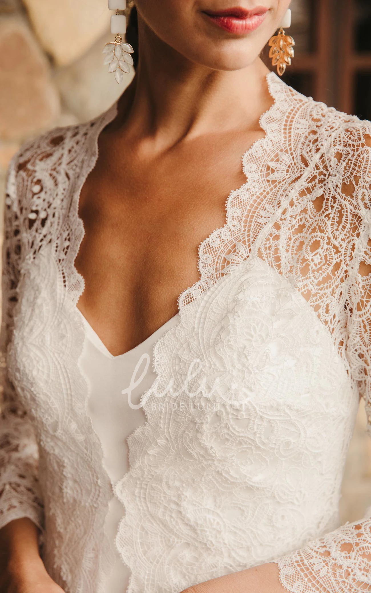 Lace Applique V-neck A-Line Bohemian Wedding Dress with Illusion Country Style