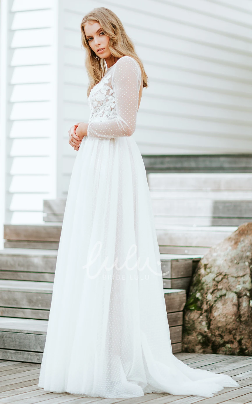 Lace A Line Wedding Dress with Bateau Neckline and Sweep Train