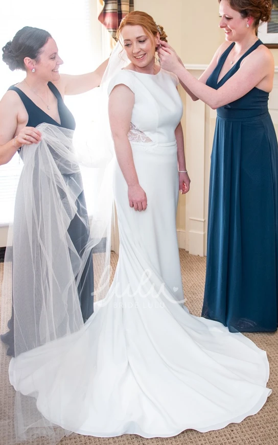 Solid Satin Mermaid Jewel Neckline Sweep Train Short Cap Sleeve Garden Wedding Dress