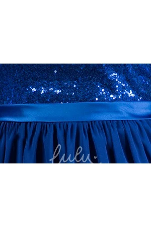 Sequin Chiffon Mother Of The Bride Dress with Square Neck & Satin Sash