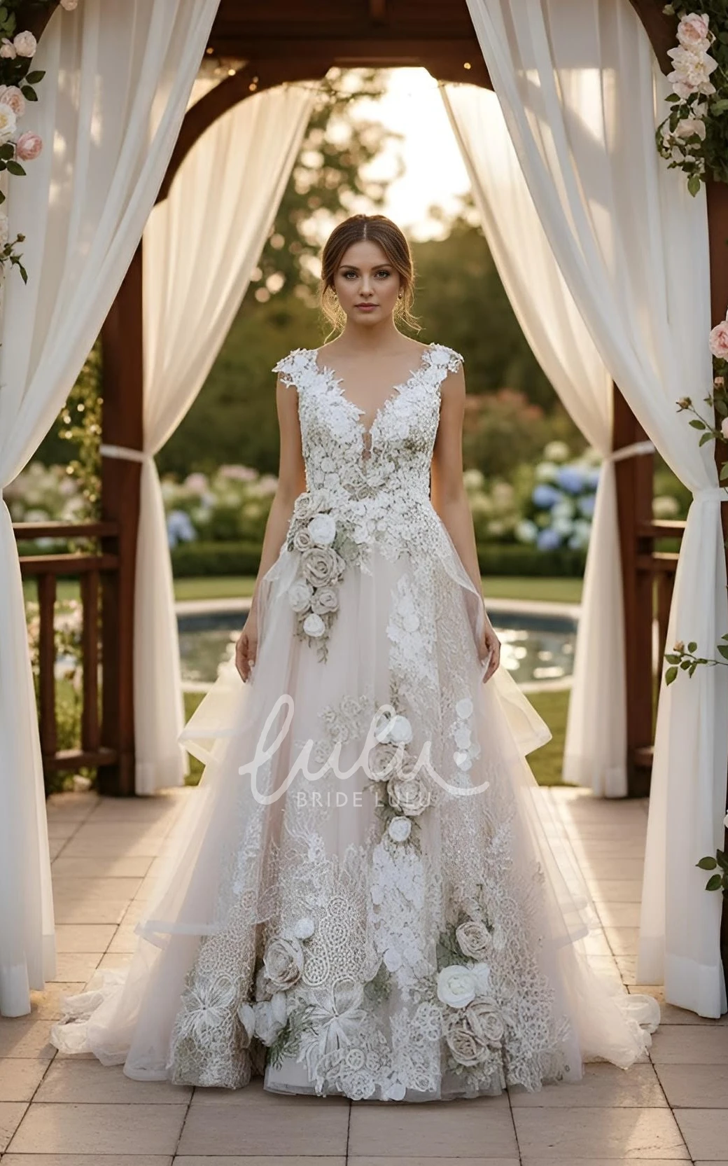 A-Line Floral Lace Wedding Dress V-Neck Tiered Ruffle Tulle Garden Gown
