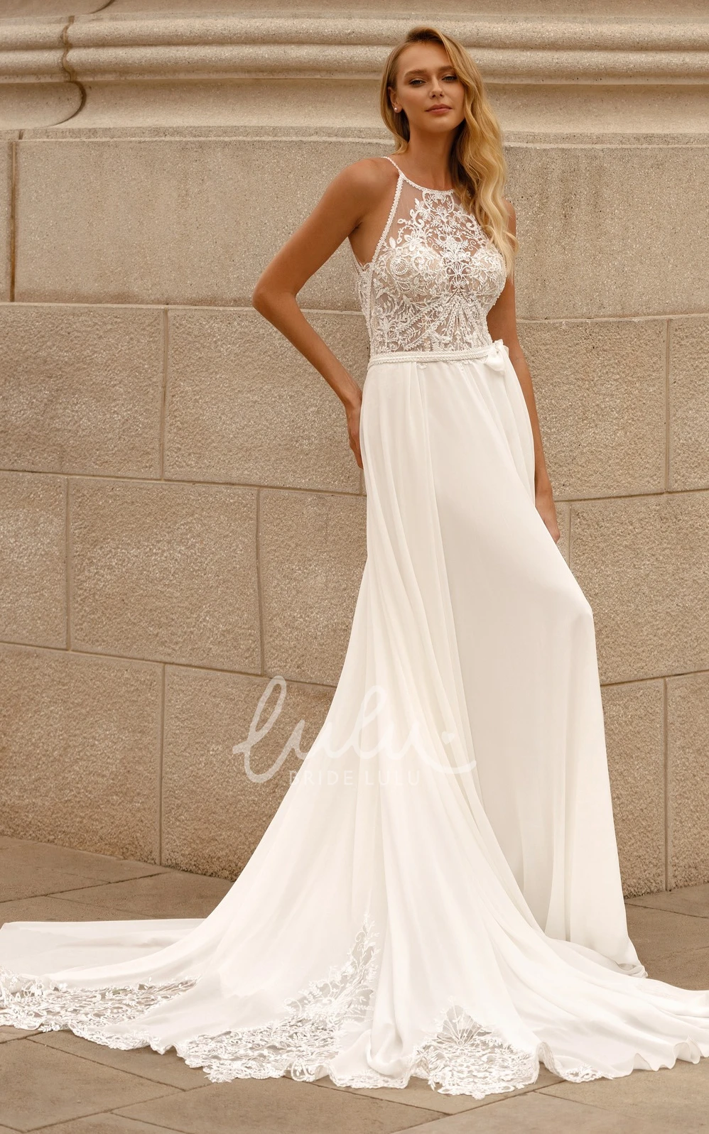 Charming Beach Hanging Neck Bohemian Lace Chiffon Trailing Long Dress