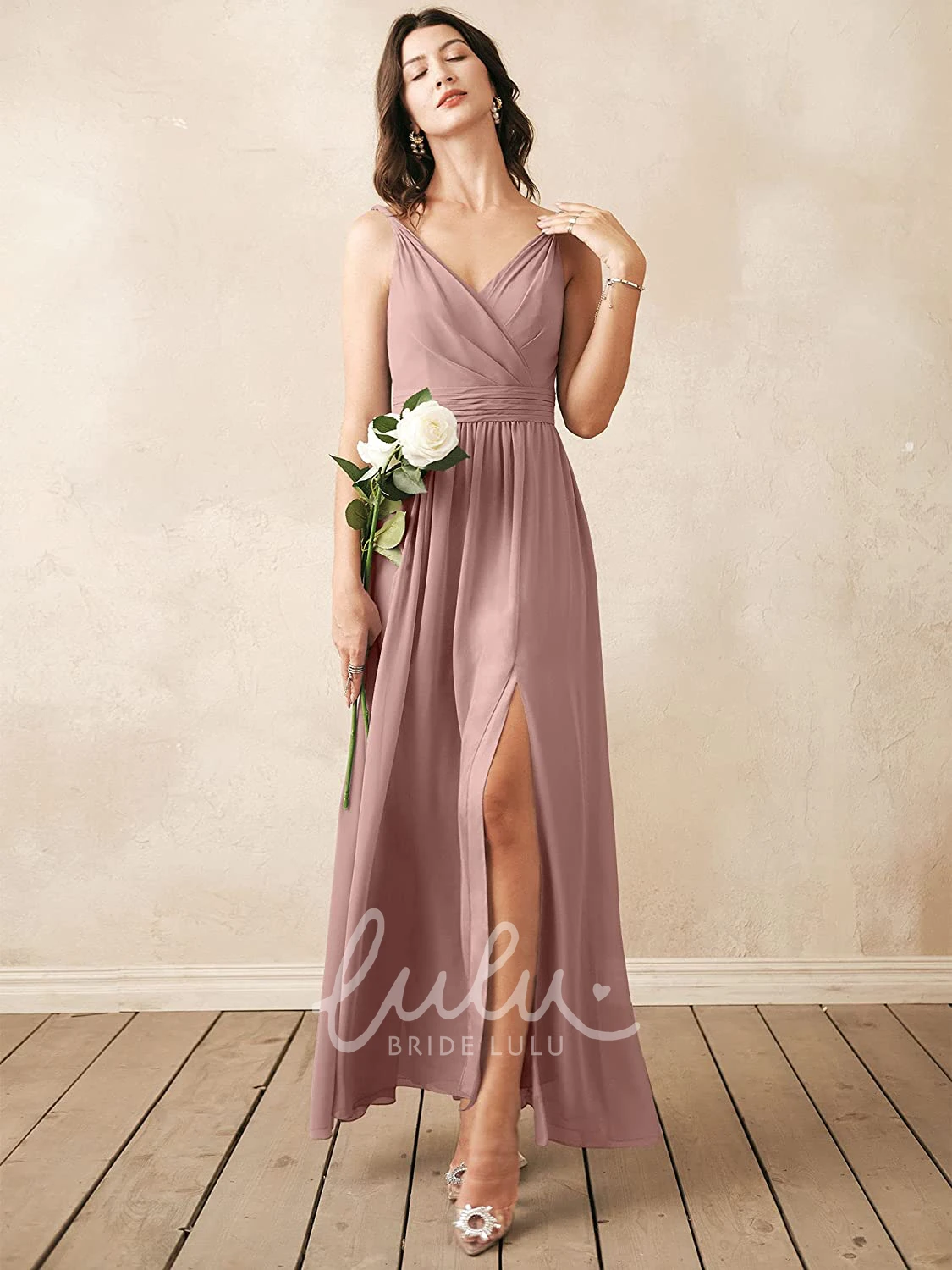 Sleeveless V-neck Chiffon A-line Bridesmaid Dress with Ruching Elegant
