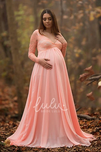 Long Sleeve Maternity Dress with A-Line Sweep Train and Empire Waist