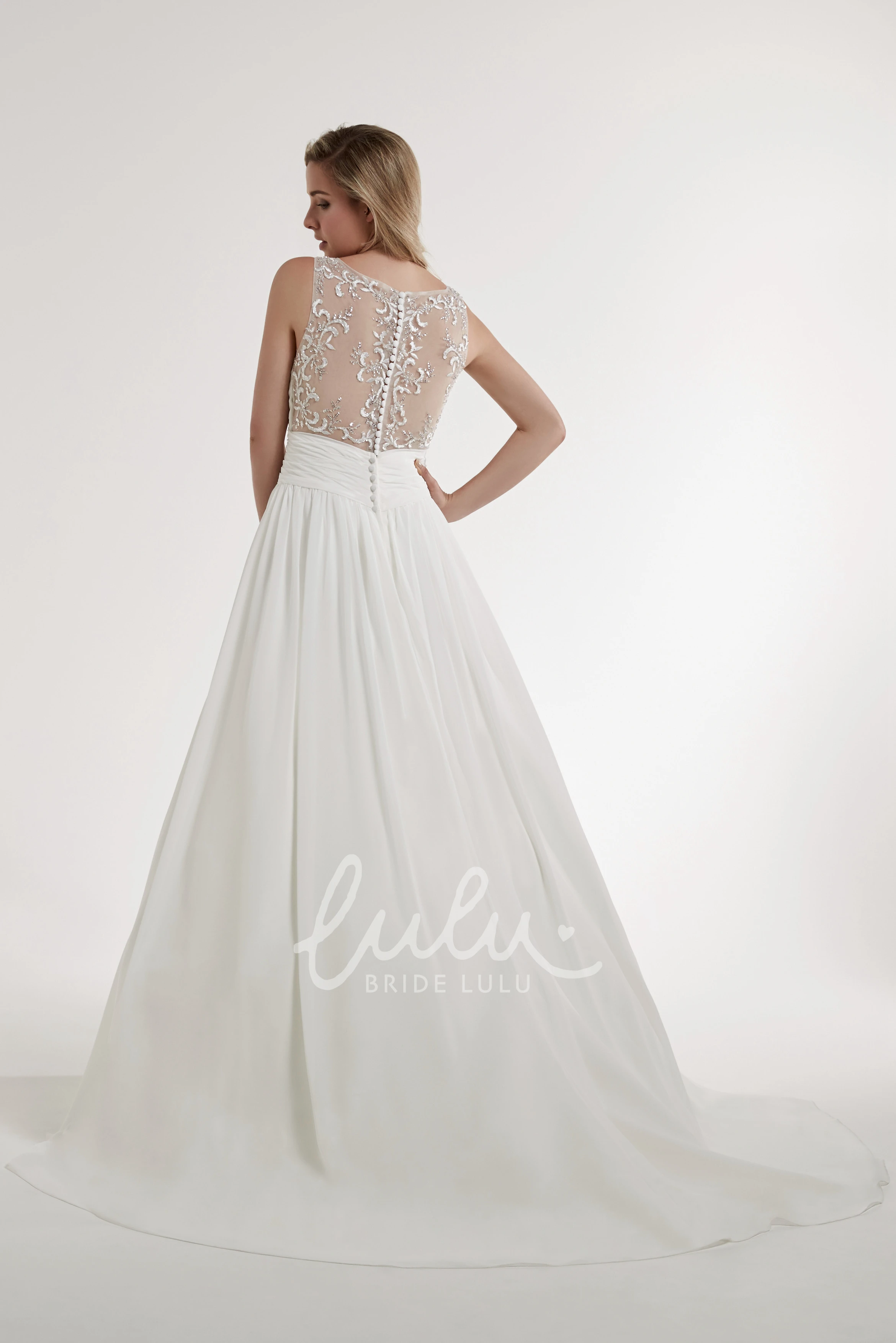 Ruched Chiffon Wedding Dress with Illusion Back V-Neck Sleeveless A-Line