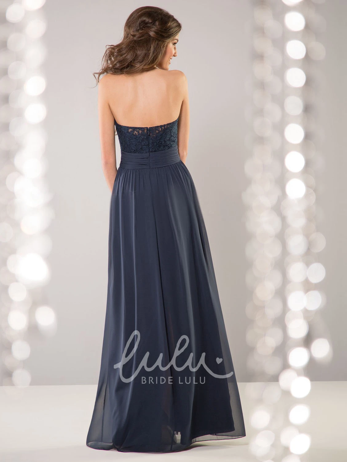 Lace Bodice Pleated Bridesmaid Dress with Strapless A-Line