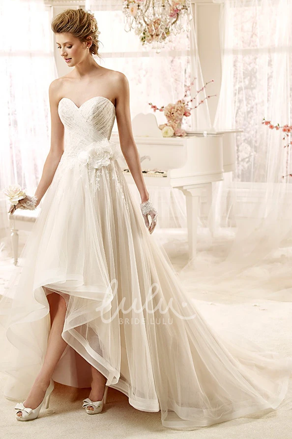 High-Low Sweetheart Wedding Dress with Flower and Ruching Detail