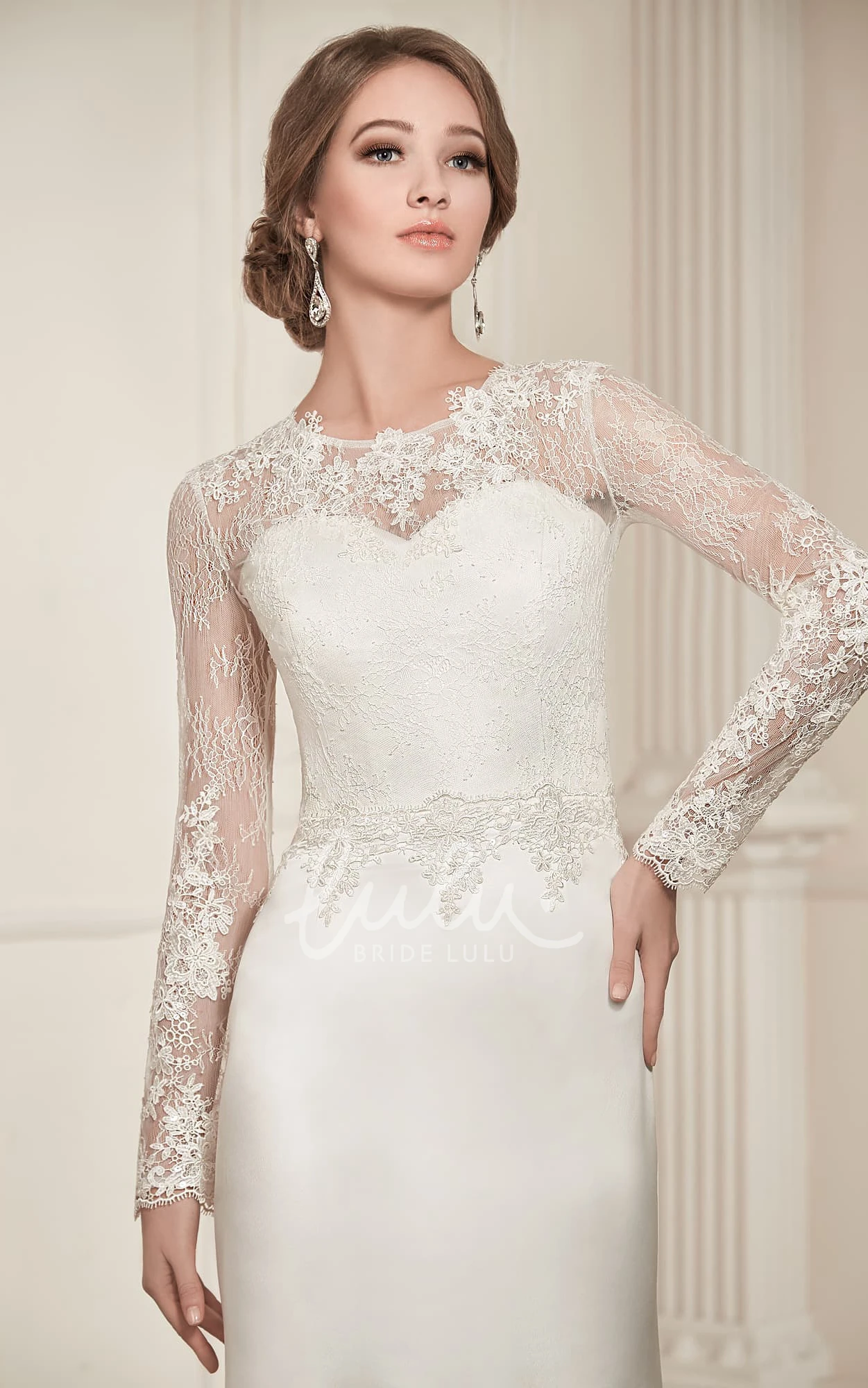 Satin Sheath Wedding Dress with Illusion Sleeves and Keyhole