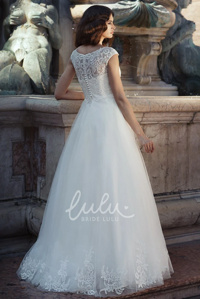 Cap-Sleeve Tulle A-Line Wedding Dress with Appliques Modern Bridal Gown
