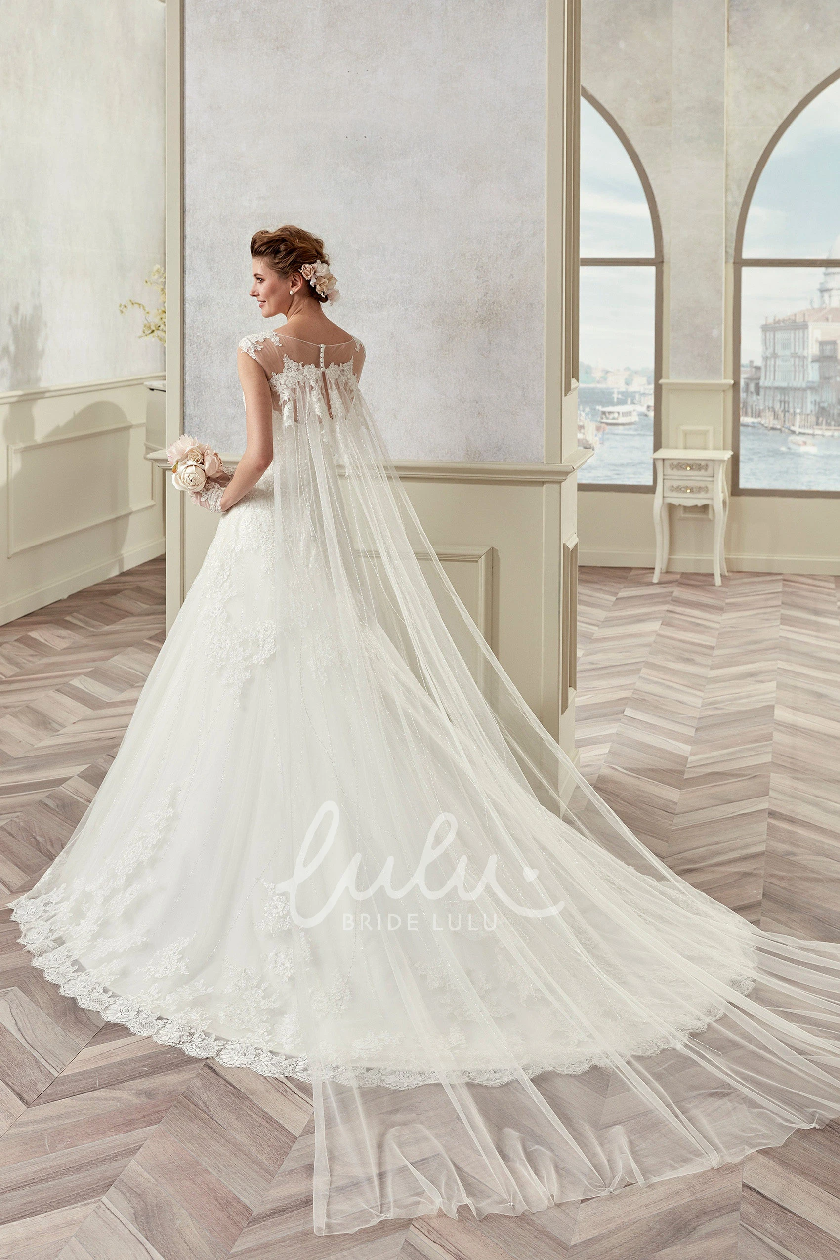Lace A-Line Wedding Dress with Jewel Neckline and Cap Train Elegant Bridal Gown