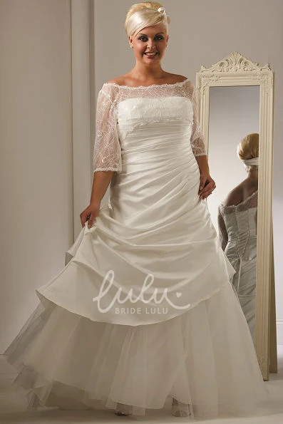 Lace Off Shoulder Taffeta Wedding Dress with Half Sleeves and Tulle Skirt