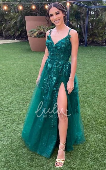 Tulle V-neck Prom Dress with Appliques and Split Front Modern & Glamorous