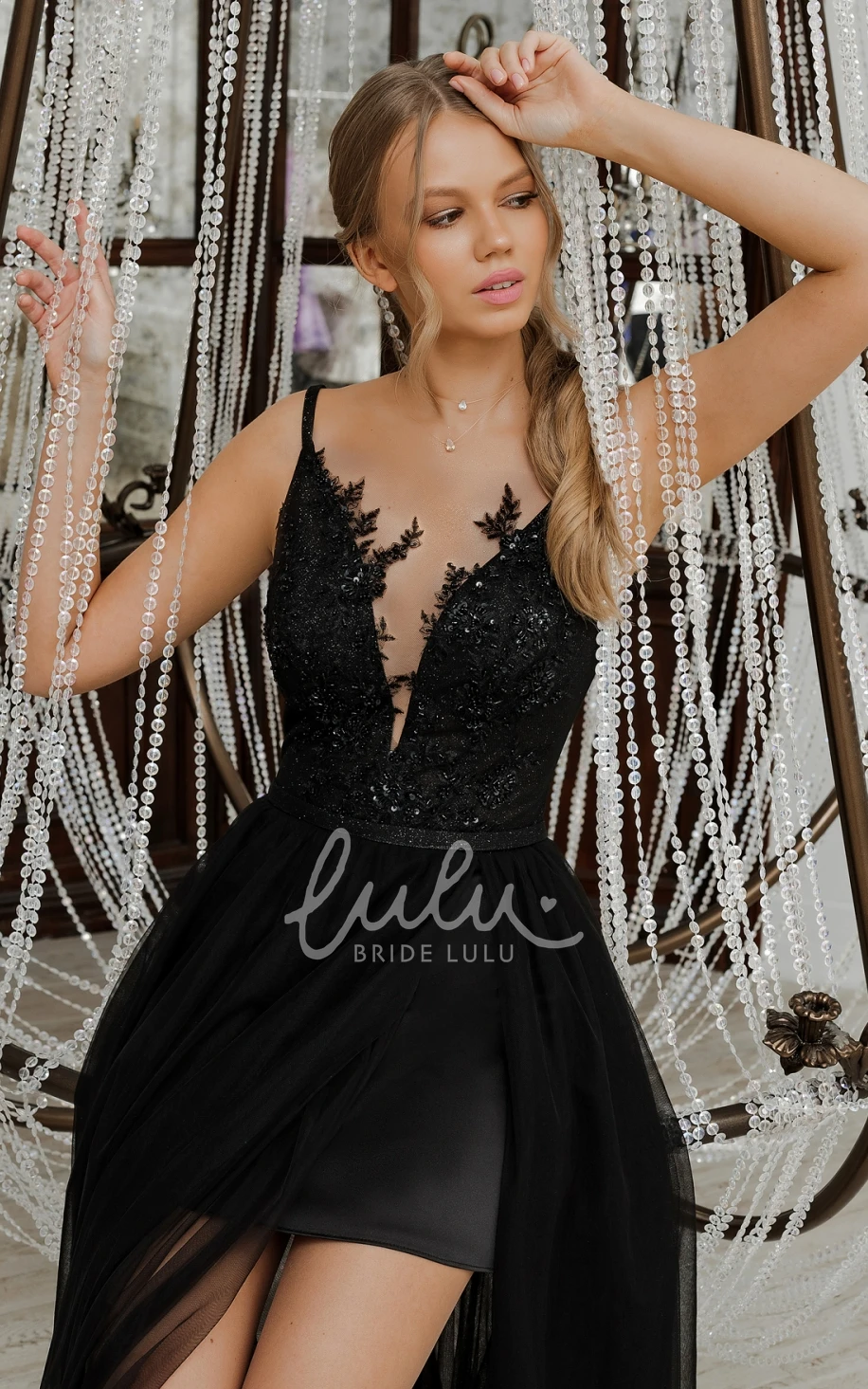 Plunging Neckline Sheath Tulle Sexy Evening Dress with Front Split