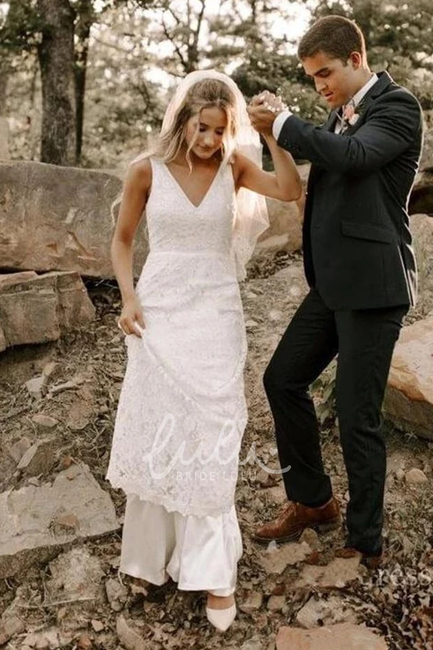 Ethereal Court Train V-Neck Lace Wedding Dress with Deep-V Back