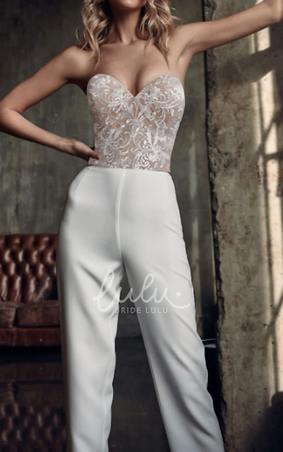 Satin Two-Piece Wedding Dress Sweetheart Sleeves Sexy Western Jumpsuit