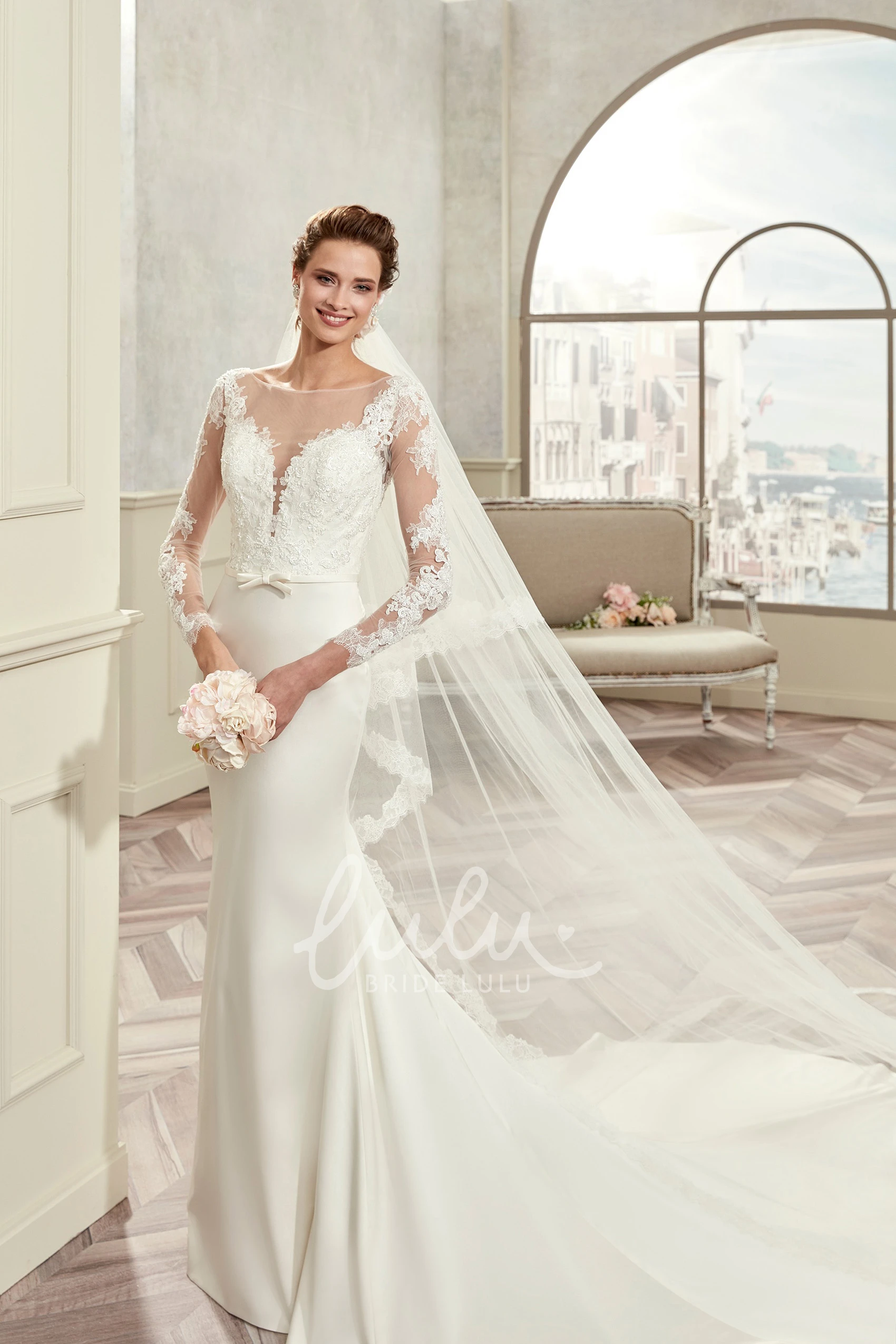 Sheath Wedding Dress with Lace Bodice Satin Skirt and Long Sleeves