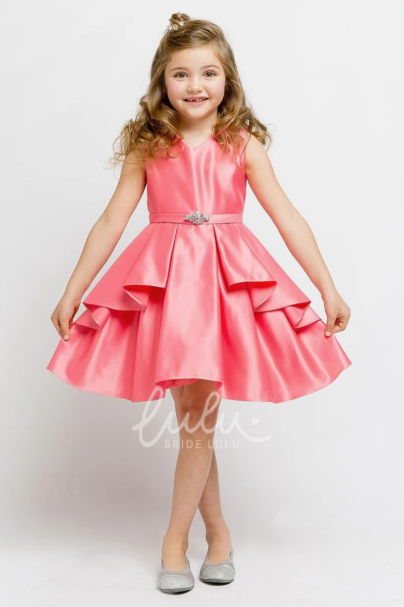 Beaded Satin Flower Girl Dress Split Knee-Length Ribbon Bowed