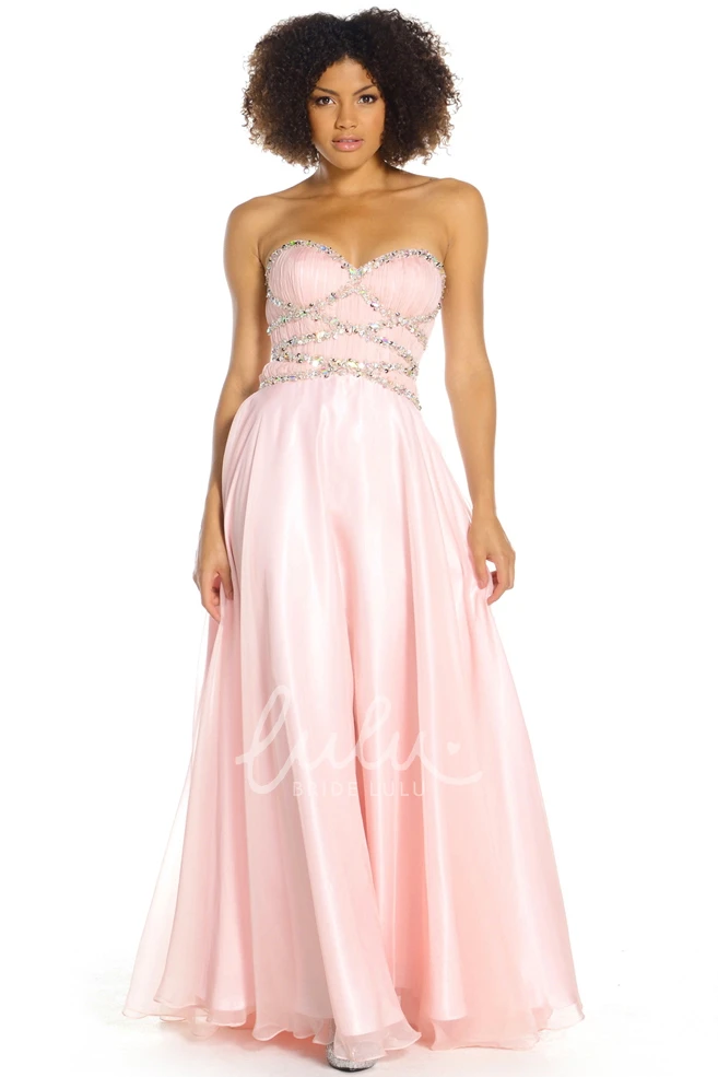 Maxi A-Line Sleeveless Sweetheart Satin Prom Dress Beaded with Straps