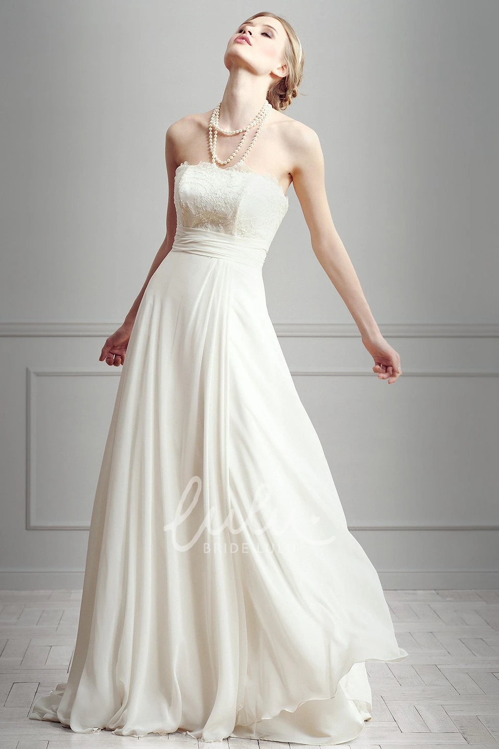Lace Chiffon Sheath Wedding Dress with Strapless and Floor-Length