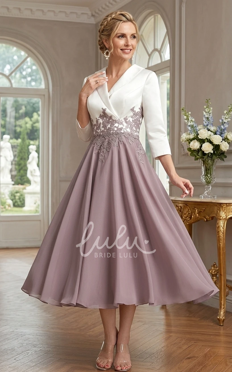 A-Line V-neck Satin Lace Appliques Vintage Modest Chiffon Elegant Reception Tea-length Long Sleeve Prom Mob Guest Evening Dress