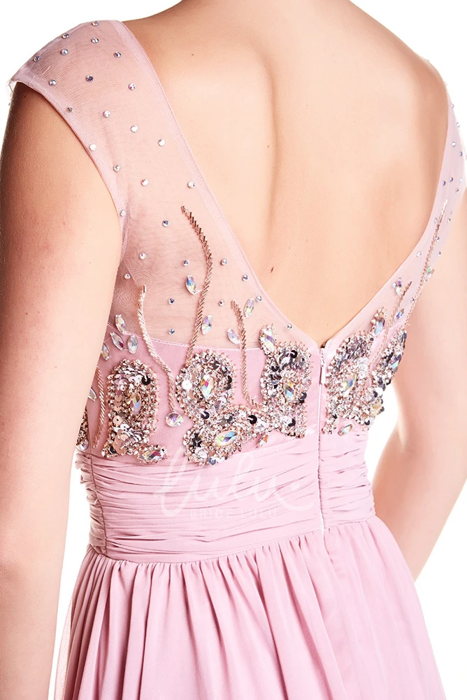 Beaded Cap-Sleeve Chiffon Prom Dress with Scoop Neck Elegant Prom Dress