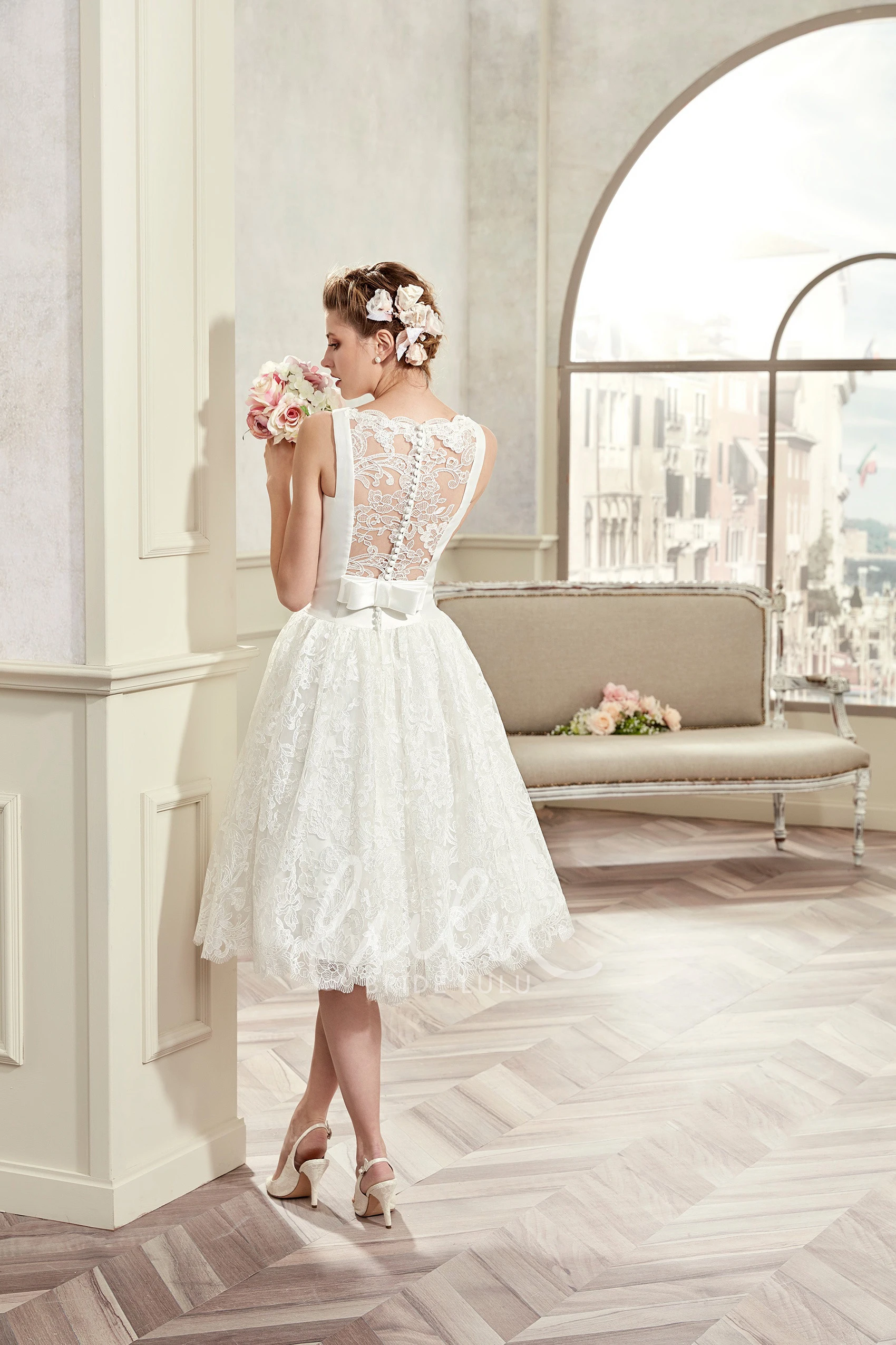 Knee-Length Jewel-Neck Wedding Dress with Satin Bodice and Illusive Lace Back Simple Bridal Gown