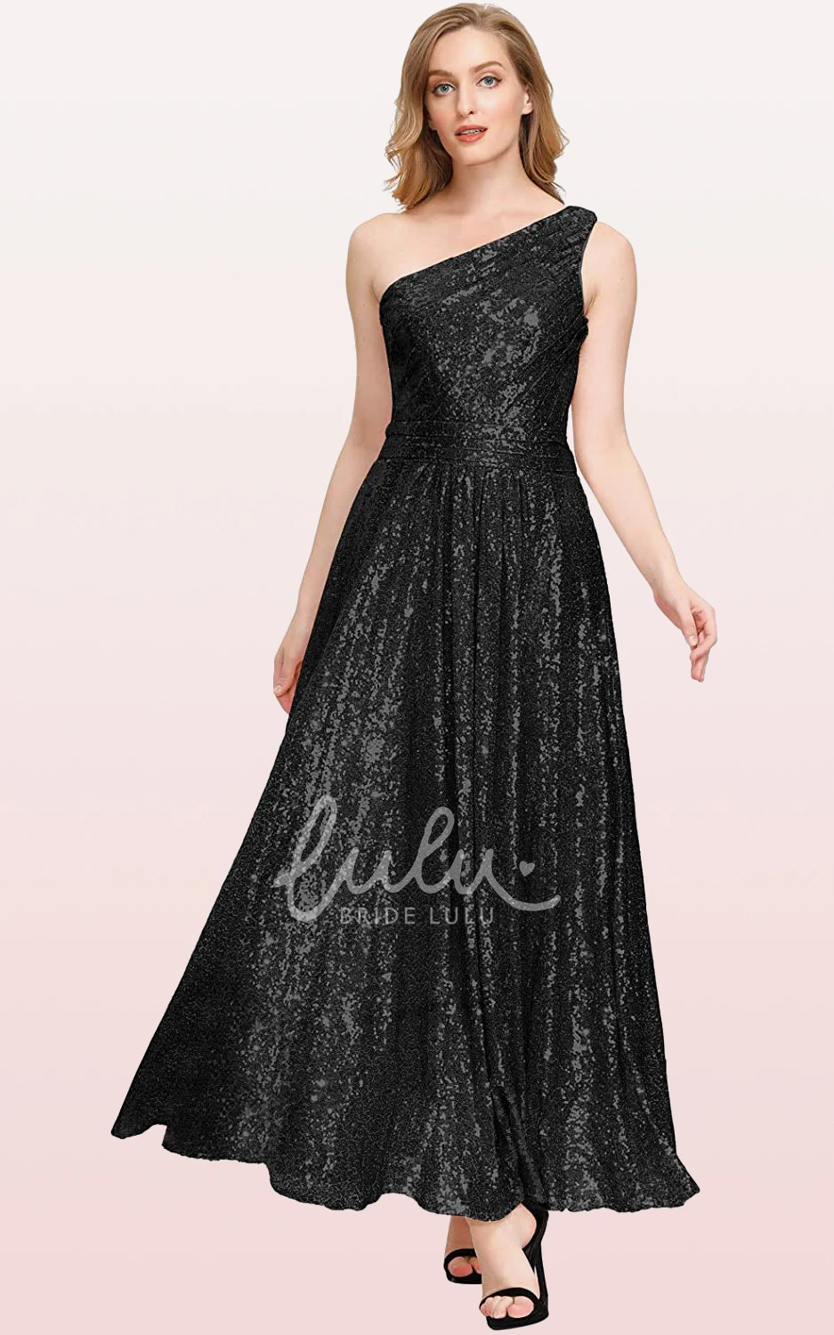 Vintage Sequin One-shoulder Bridesmaid Dress with Ruching Ankle-length A-line
