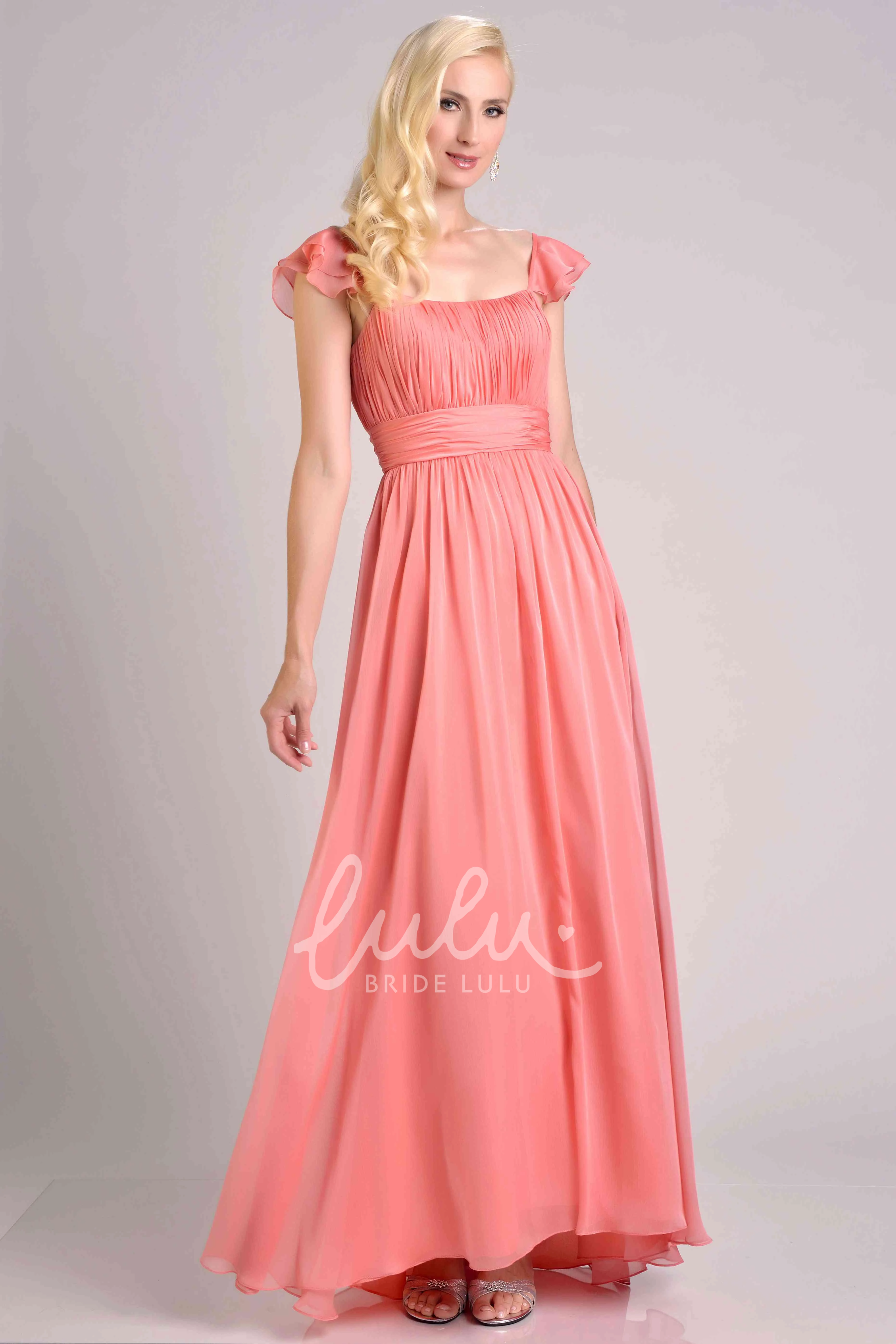 Square Neckline Ruffle A-Line Chiffon Bridesmaid Dress for Bridesmaids