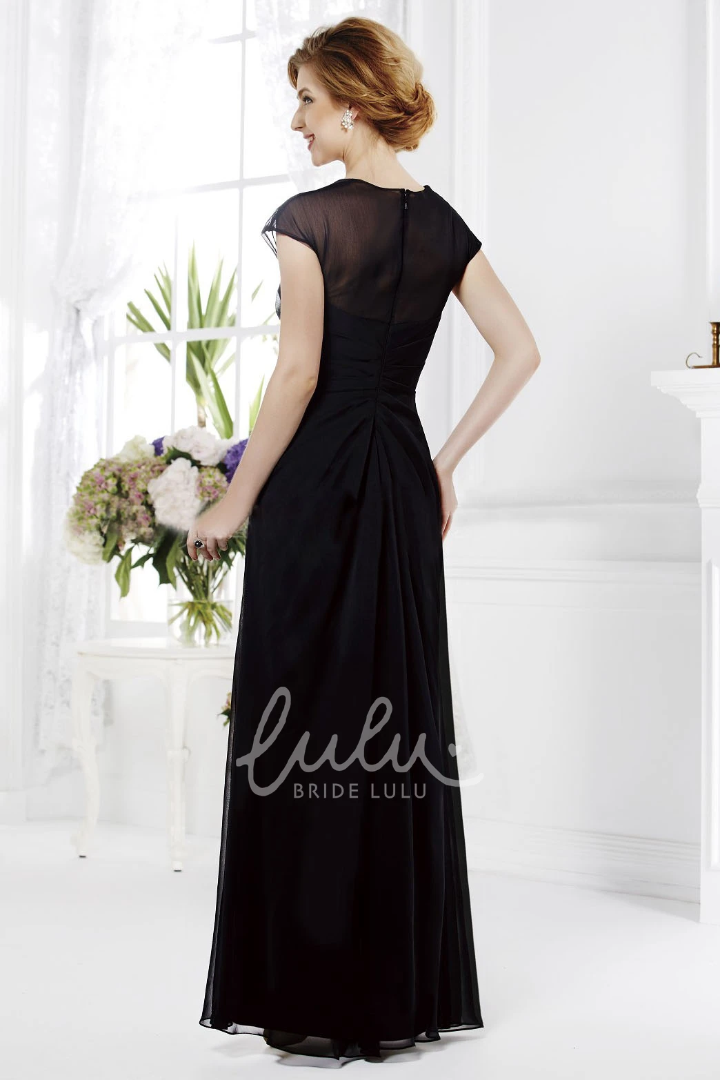 Long Mother of the Bride Dress with Cap Sleeves and Crystal Embellishments
