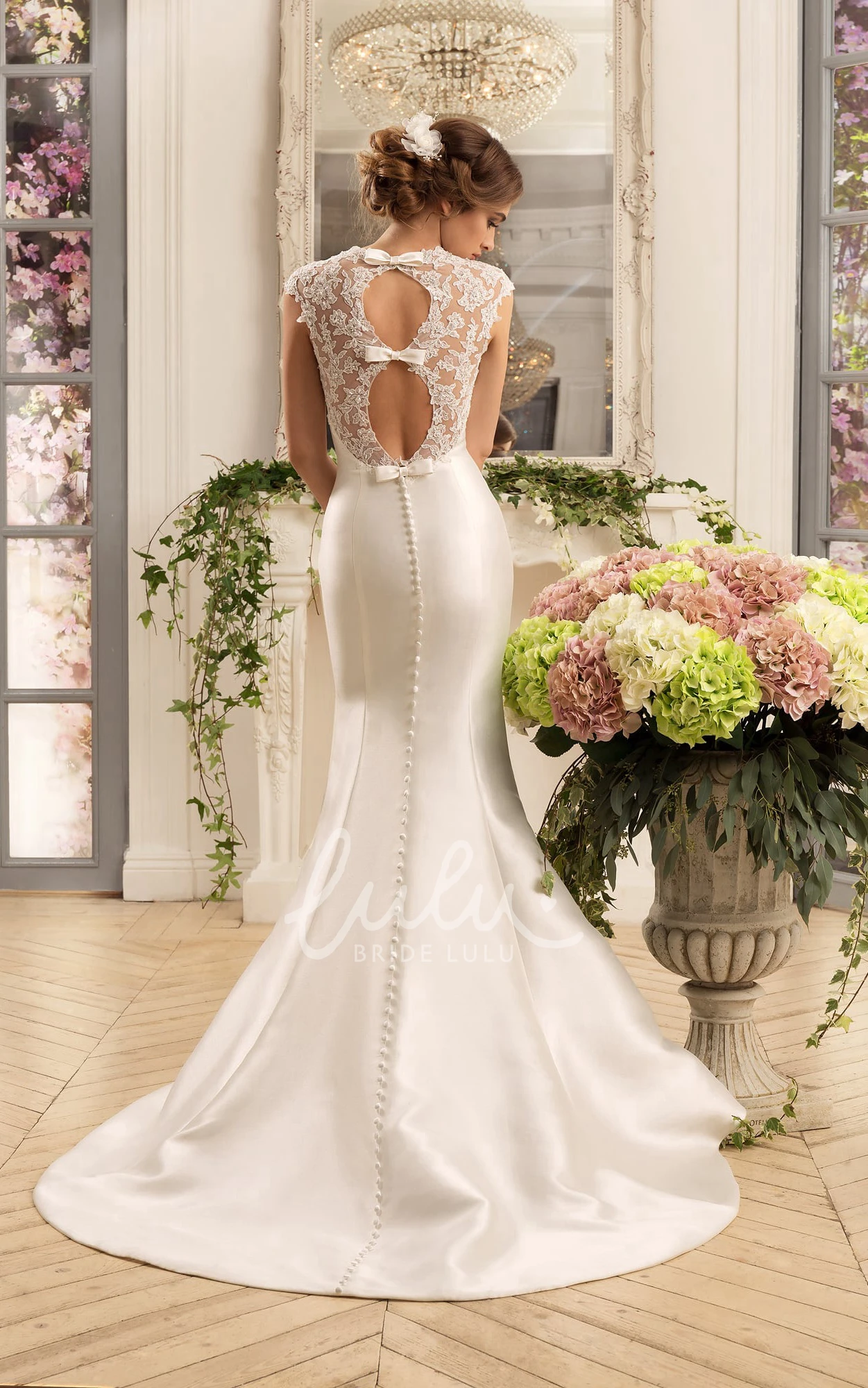 Satin Trumpet Wedding Dress with Cap Sleeves and Queen Anne Neckline