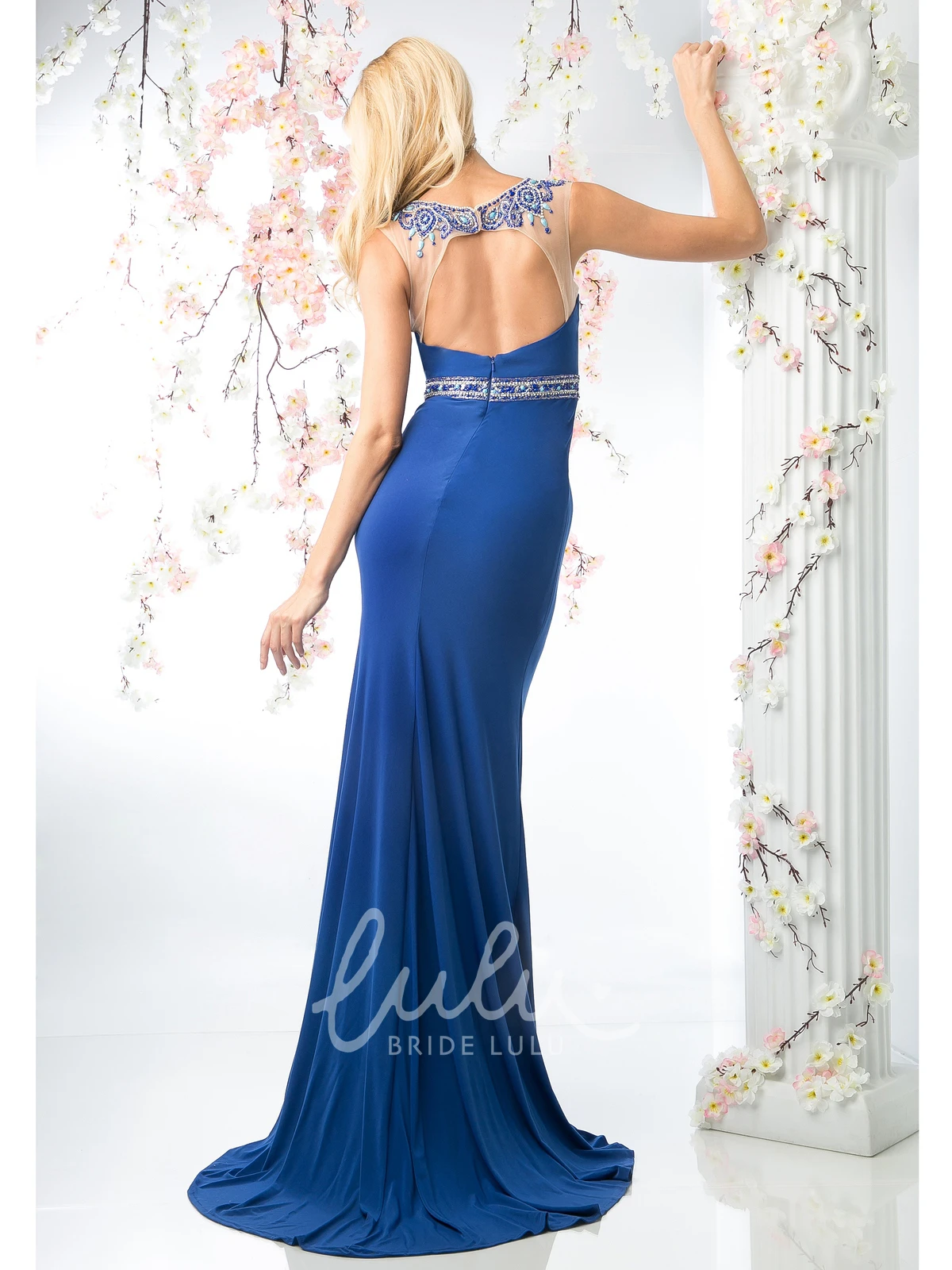 Beaded Sheath Jersey Cap-Sleeve Formal Dress with Keyhole Neckline