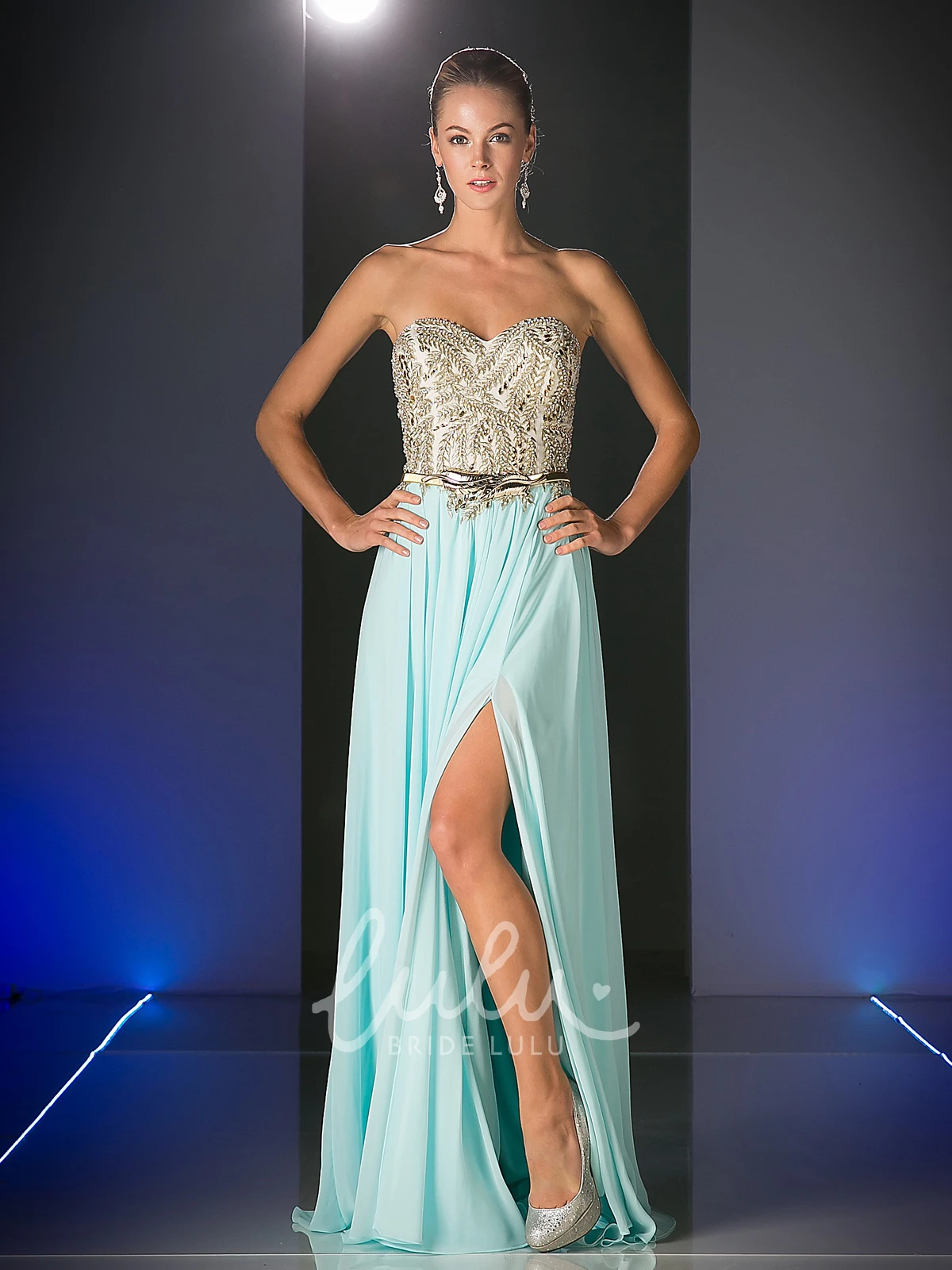 Maxi Sweetheart Prom Dress with Chiffon Beading and Split Front
