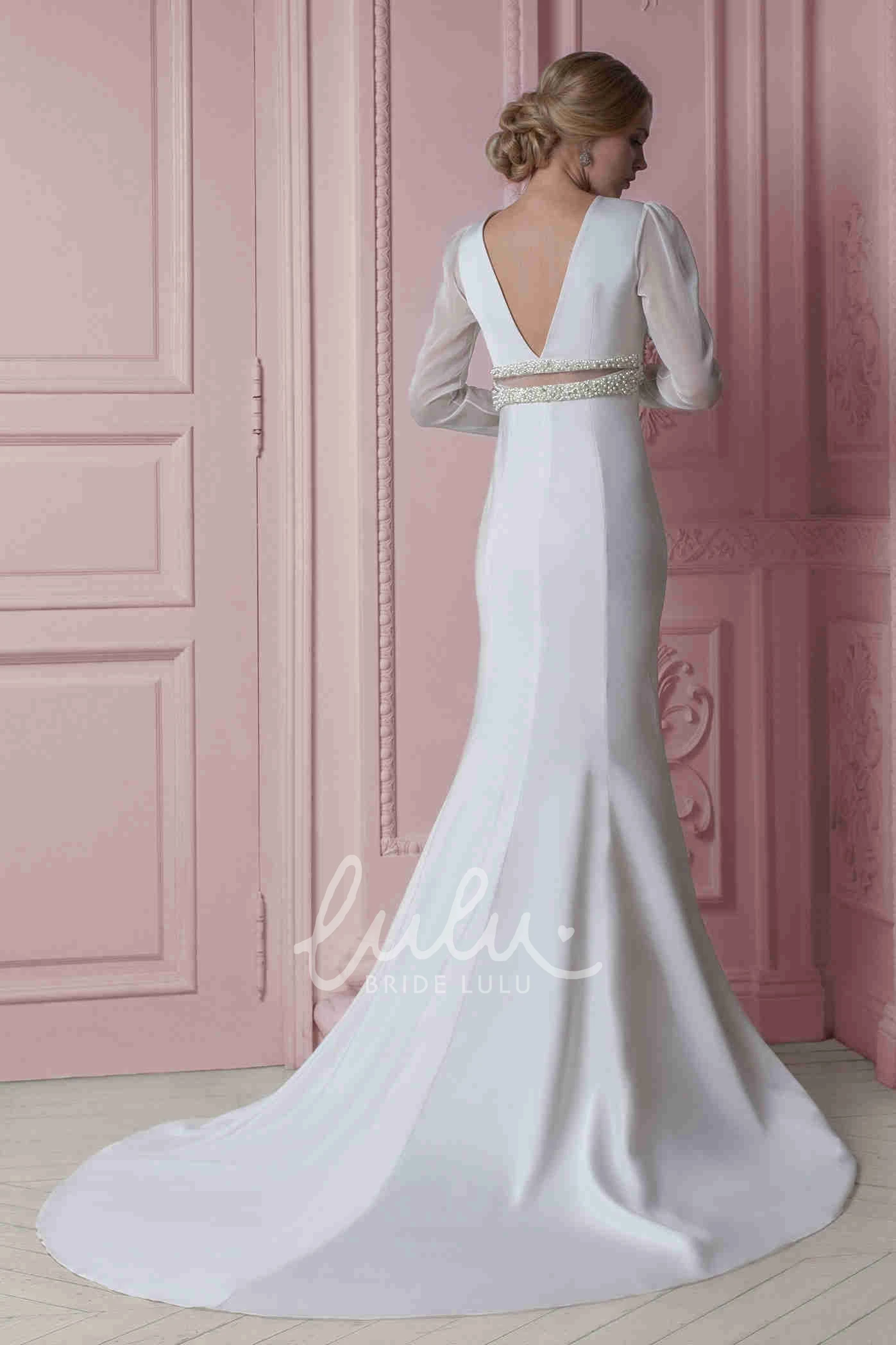 Long-Sleeve Sheath Chiffon Wedding Dress with Beading Classy Bridal Gown