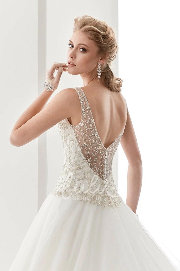 Sequin V-Neck A-Line Wedding Dress with Brush Train and Low-V Back