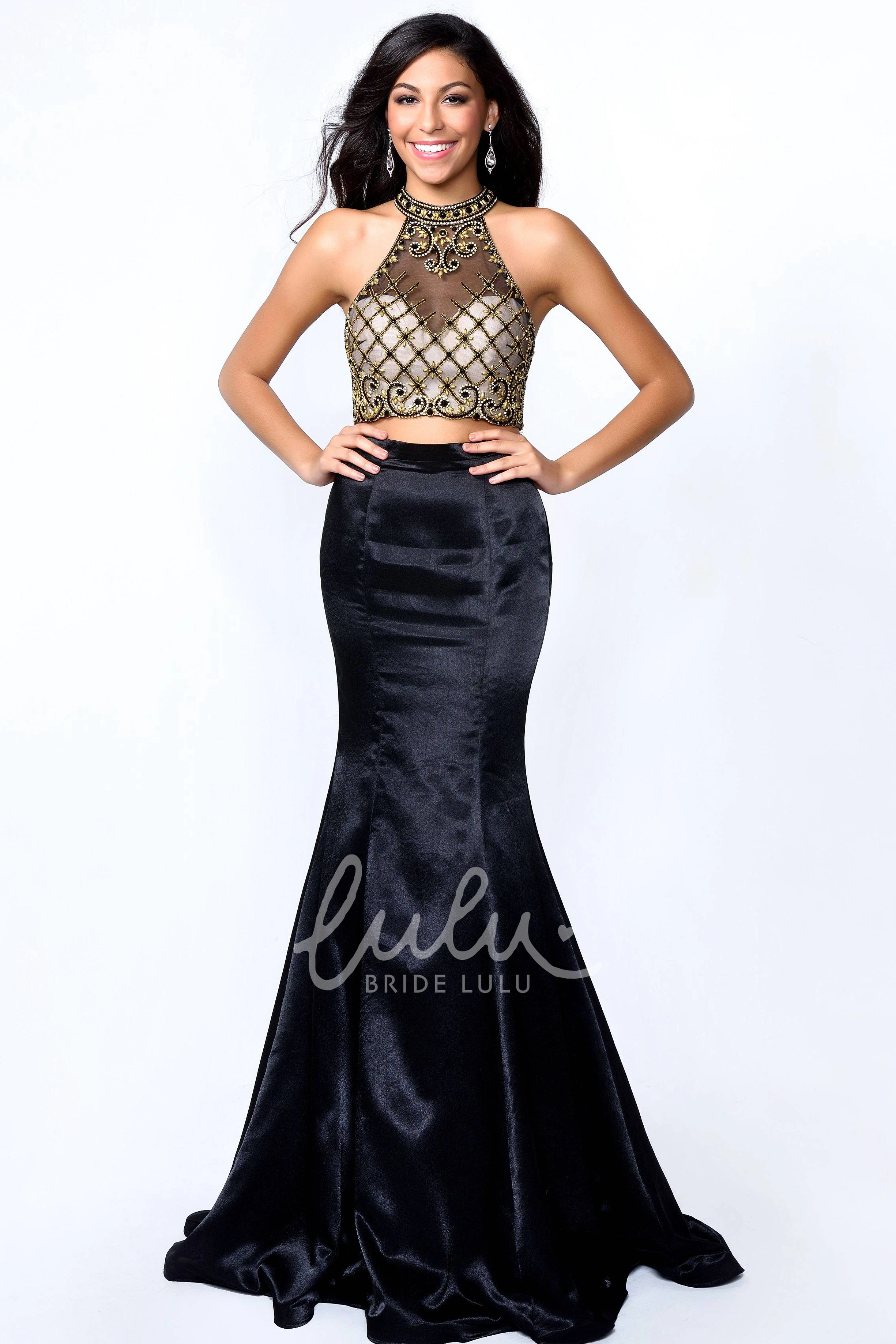 High Neck Sleeveless Satin Mermaid Formal Dress with Beading Floor-Length