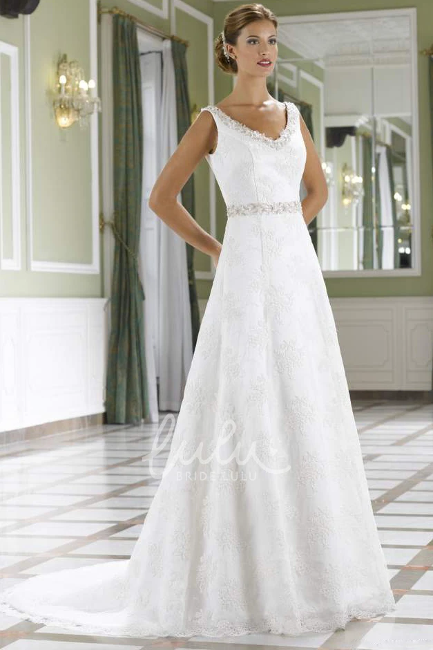 Sleeveless A-Line Lace Wedding Dress with V-Neck Jeweled Bodice and Court Train