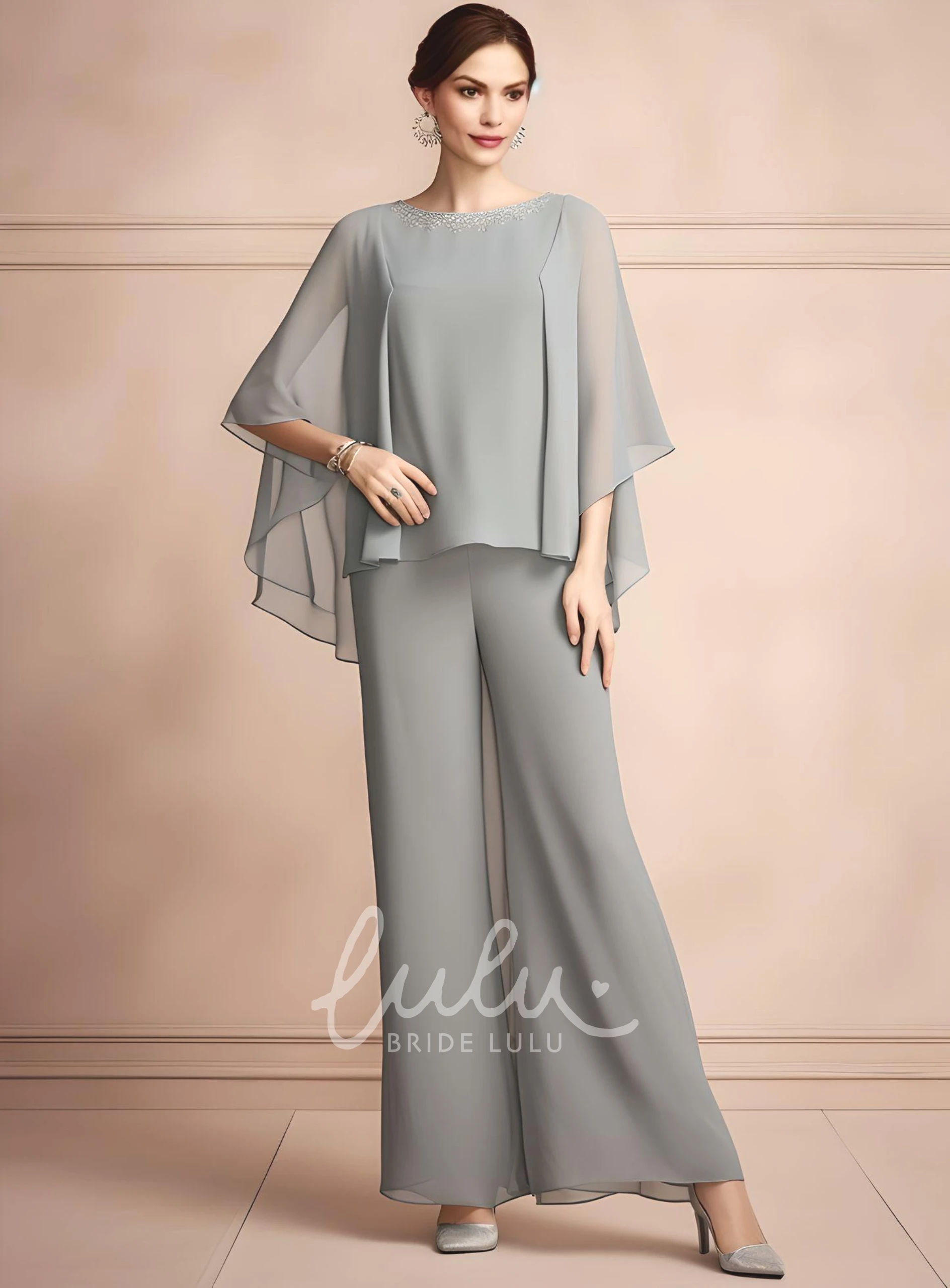 Modest Ethereal Chiffon Mother of the Bride Dress with Two Piece Style and Bateau Neck Elegant Floor-length