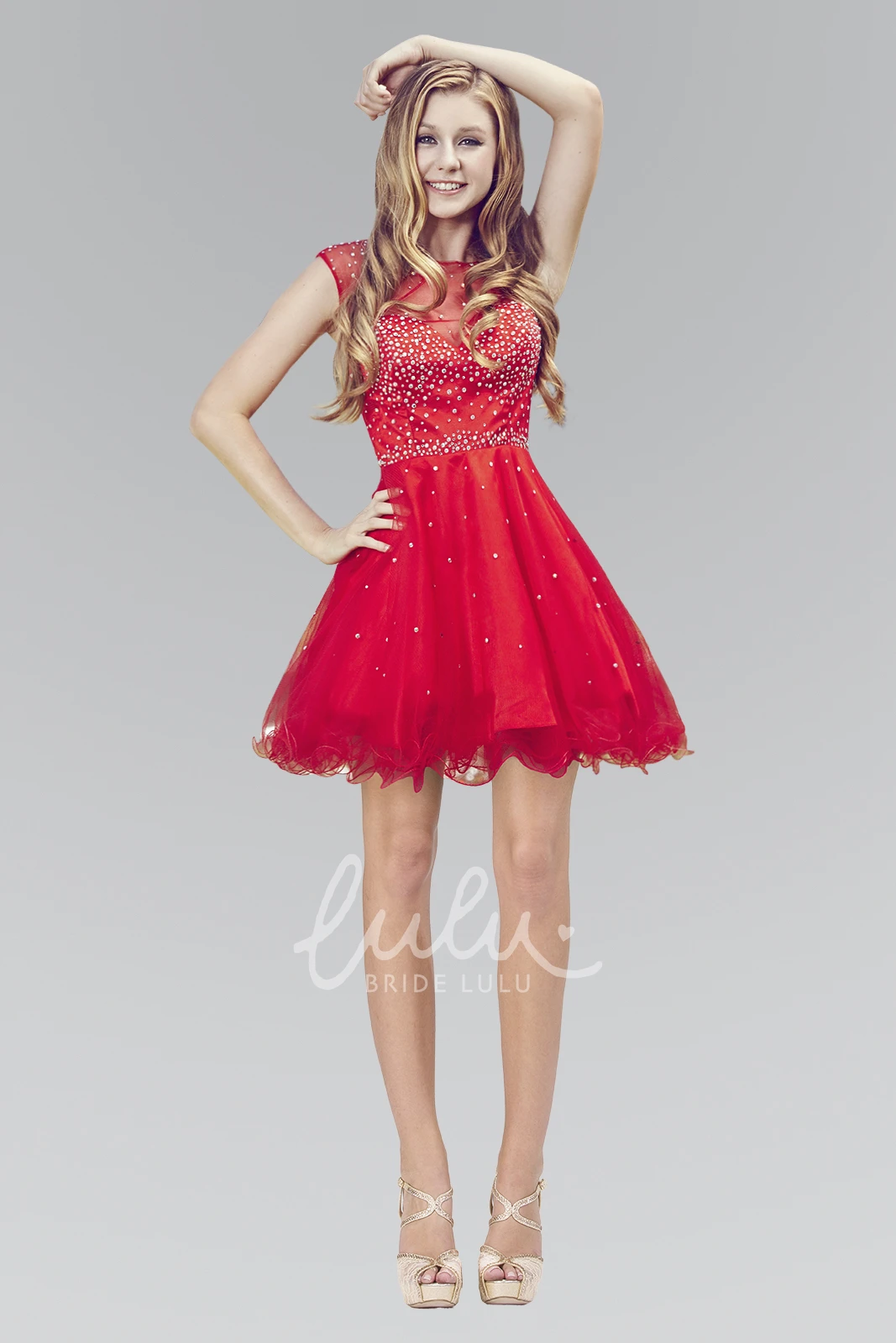 Cap-Sleeve Tulle A-Line Dress with Ruffles and Beading Formal Dress
