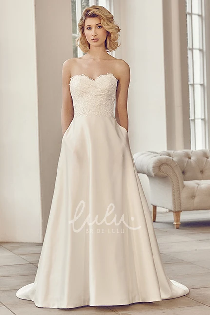 Long Taffeta Wedding Dress with Appliques and V-Back Classic Bridal Gown