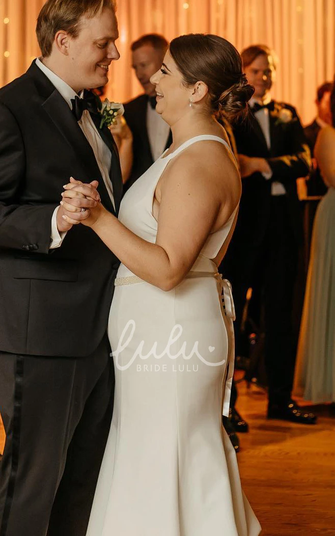 Mermaid Plus Size Straps Satin Sleeveless Lace-up Back Garden Wedding Dress with Ribbon