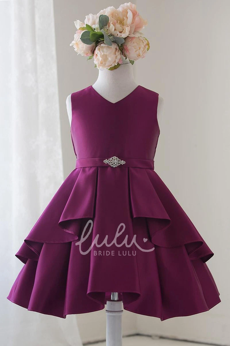 Beaded Satin Flower Girl Dress with Split-Front Knee-Length