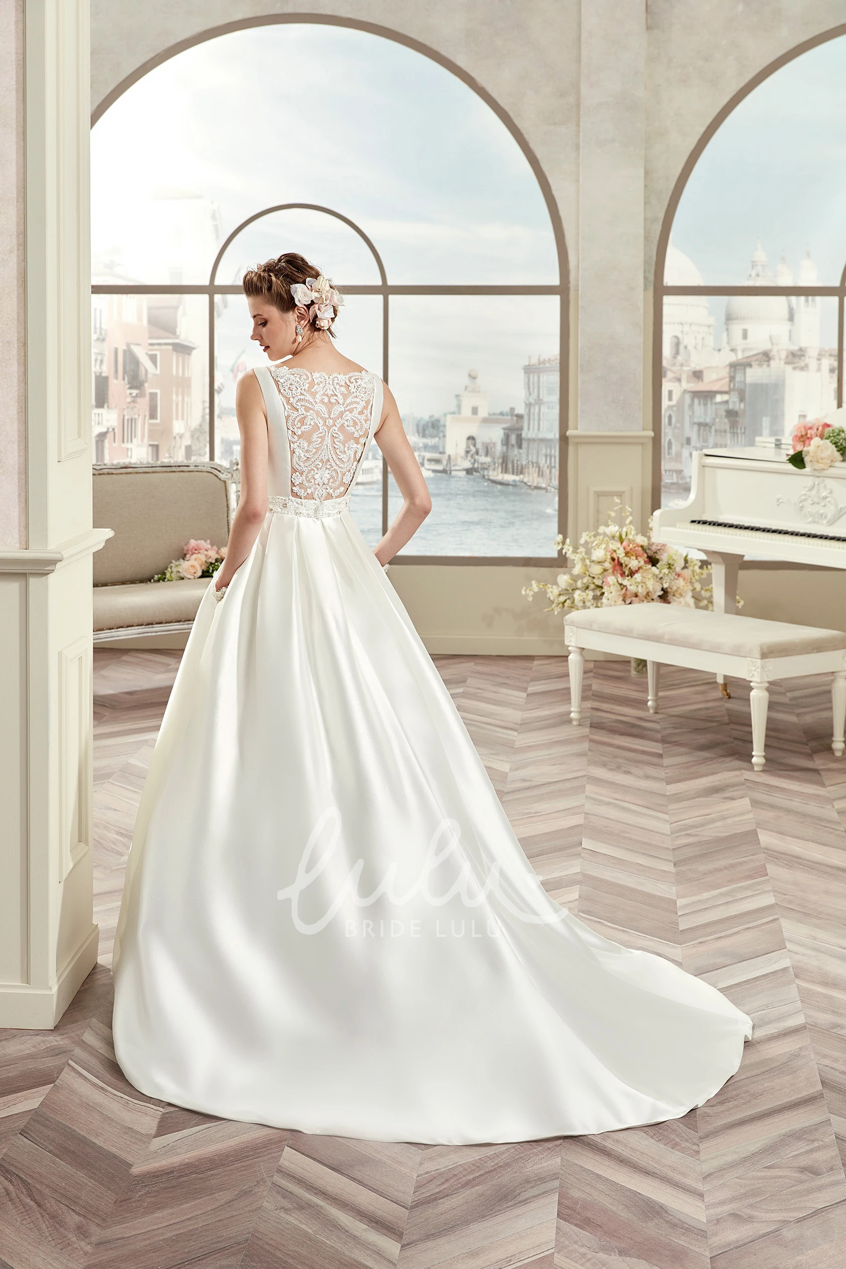Satin A-Line Wedding Dress with Jewel-Neck and Illusive Lace Back Cap Sleeves