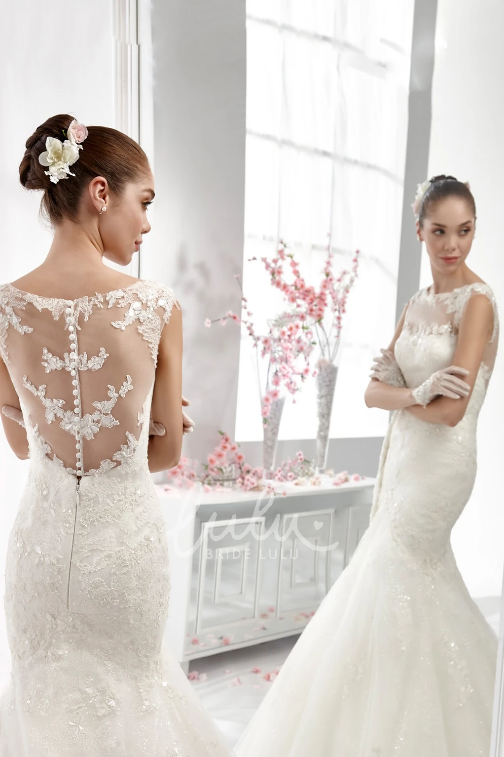 Illusive Neckline Sheath Wedding Dress with Jewel Neck and Mermaid Silhouette