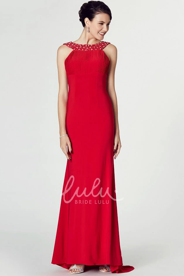 Beaded Sleeveless High-Low Jersey Prom Dress with Scoop Neck and Brush Train
